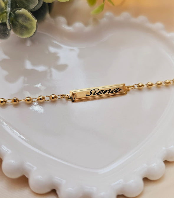 Pulseira infantil de bolinha para gravar nome banhado à outo 18k
