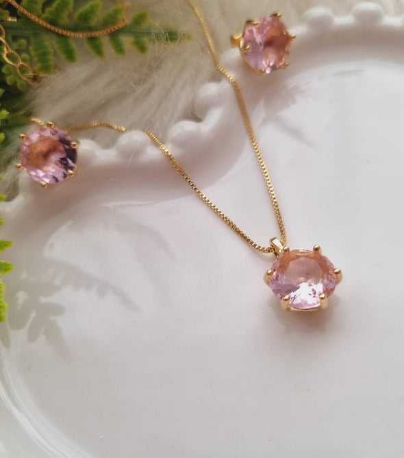 Conjunto redondo com zirconia rosa banhado a ouro  18k