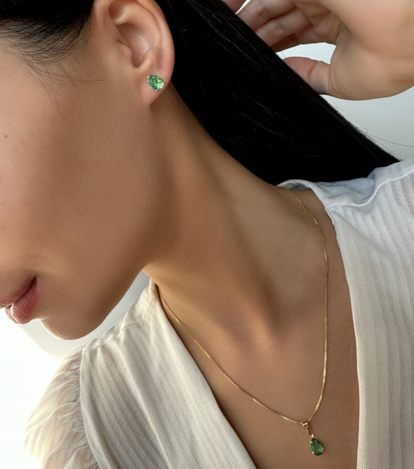 Conjunto gota com zirconia verde agua banhado a ouro 18k