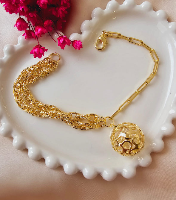 Pulseira duas correntes de bola vazada com zircônia banhada a ouro 18K